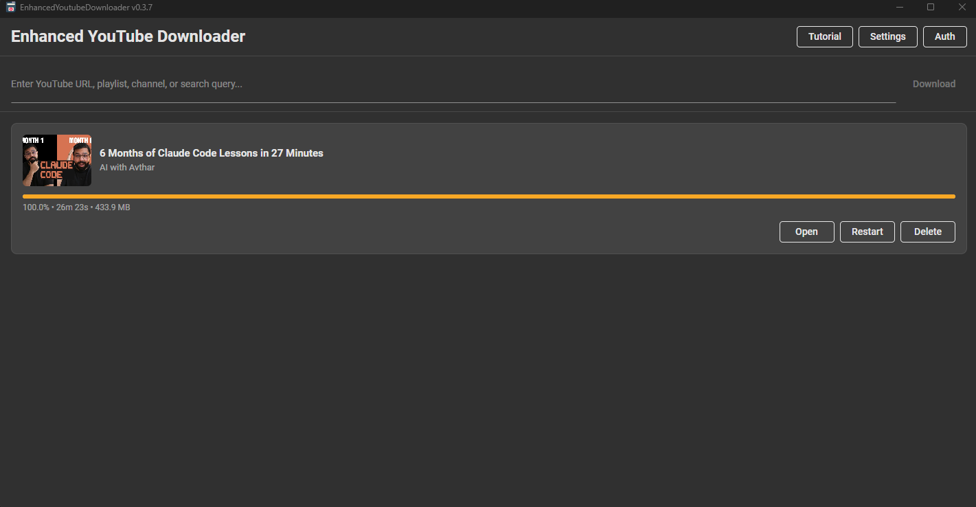 YouTube Downloader active download progress showing real-time speed, percentage, and pause/resume buttons