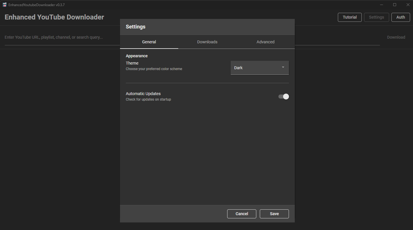 YouTube Downloader settings panel with quality presets, format options, subtitle settings, and download path configuration